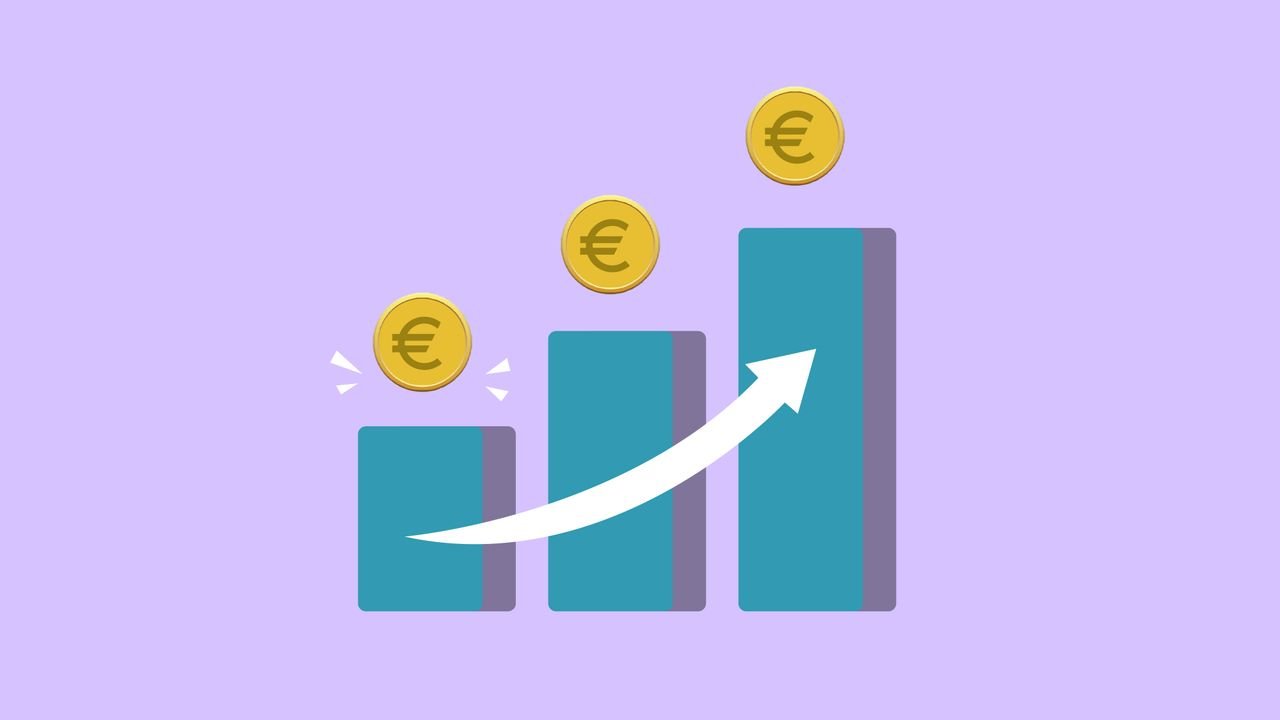 heros-img Vector illustration of income growth chart with arrow and euro coins against purple background